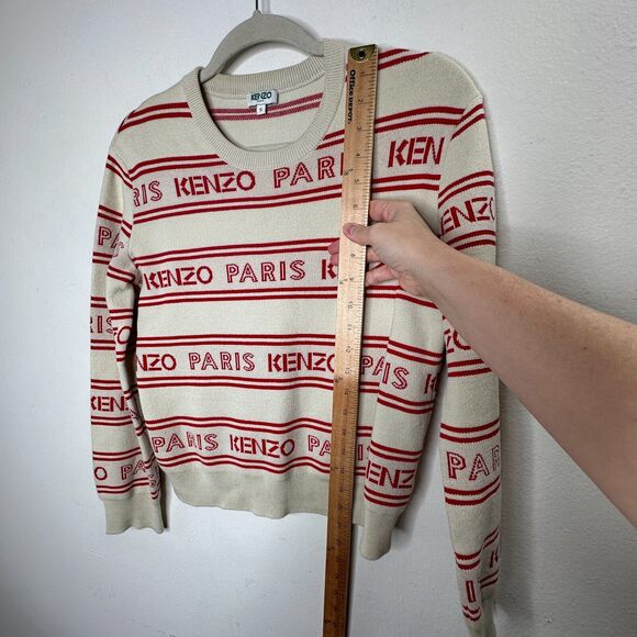 Kenzo Red & Tan Striped Woven Logo Knitted Sweater Long Sleeve Round Neck Small - Picture 13 of 13